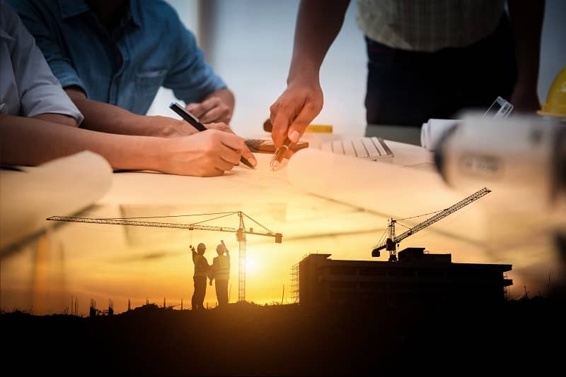 Civil Engineer Jobs, Double exposure of Project Management Team and Construction Site with tower crane background,-cm