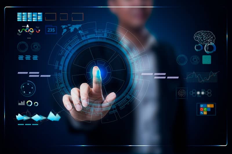 Businessman working on a virtual digital data technology concept design -cm
