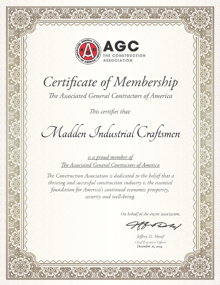 Certificate of Membership awarded to Madden Industrial Craftsmen by the Associated General Contractors of America, recognizing their commitment to supporting the construction industry's success and economic prosperity.