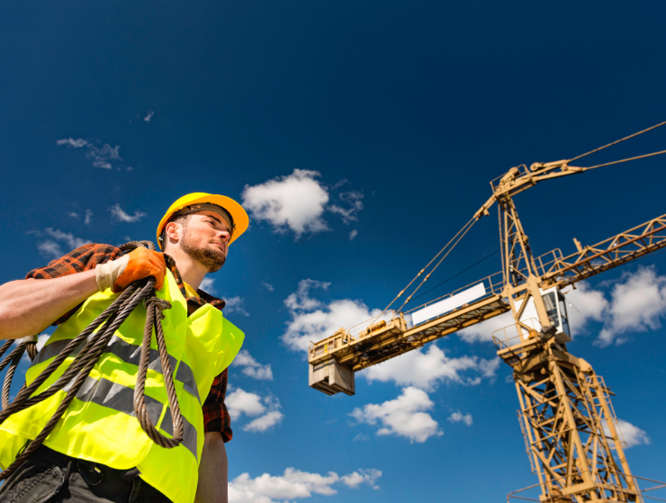 Construction worker on jobsite with crane in background, representing how to hire labor for a construction site.