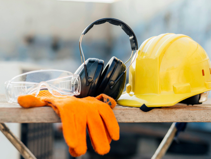 Protective gear on a jobsite including gloves, goggles, headphones, and a hard hat representing what is the definition of unskilled labor.
