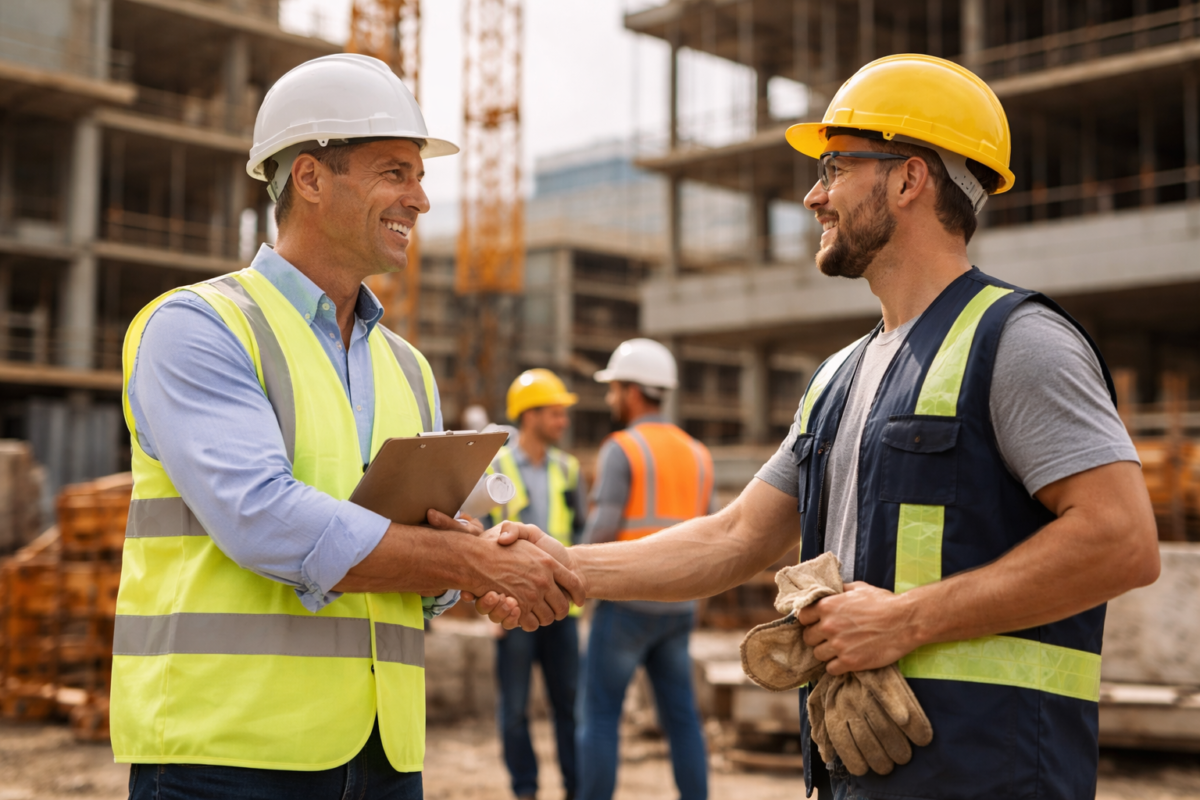 Construction staffing agency representative shaking hands with skilled construction worker on active job site, symbolizing strong staffing partnership and workforce reliability